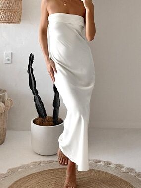 Strapless White Satin Slip Dress With Draped Back